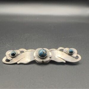 Atq 10kt Silver Tone Unsigned Navajo? Brooch Faux Turquoise Pin Ornate Tested